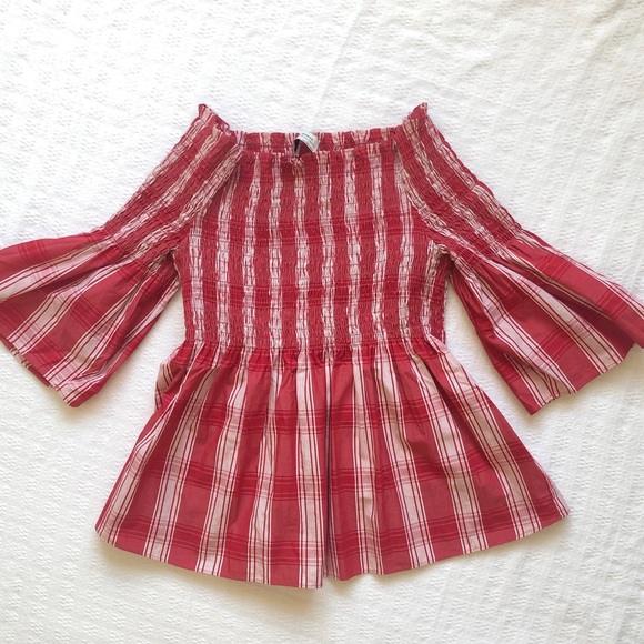 Zara Tops - ZARA Woman Off the Shoulder Red Plaid Top Sz M